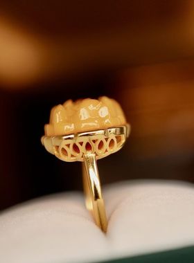 925纯银天然老蜜蜡花朵戒指琥珀牡丹花指环高货正品新款时尚高级