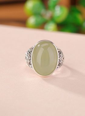 925纯银天然和田玉晴水玉复古做旧花丝如意花朵镂空蛋面银戒指