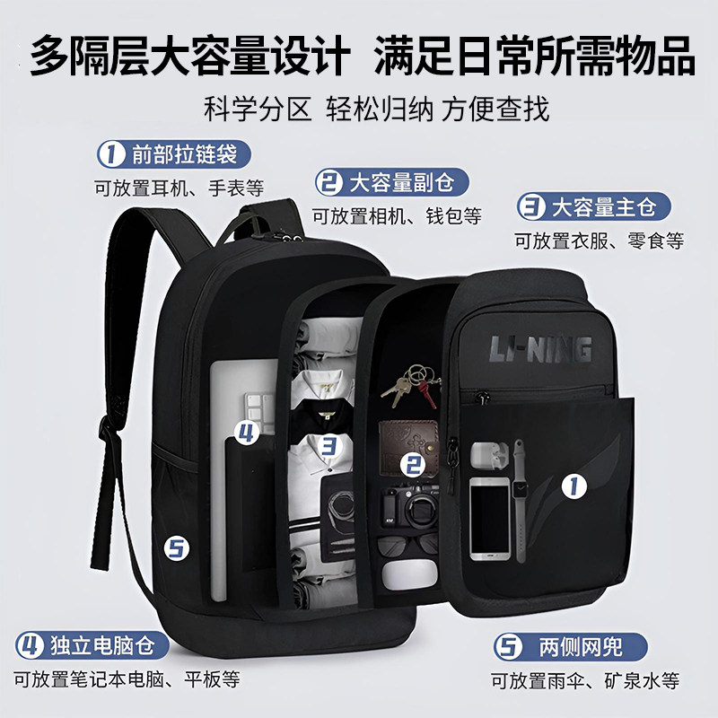 Li Ning backpack water repellent large capacity multi-compartment bag