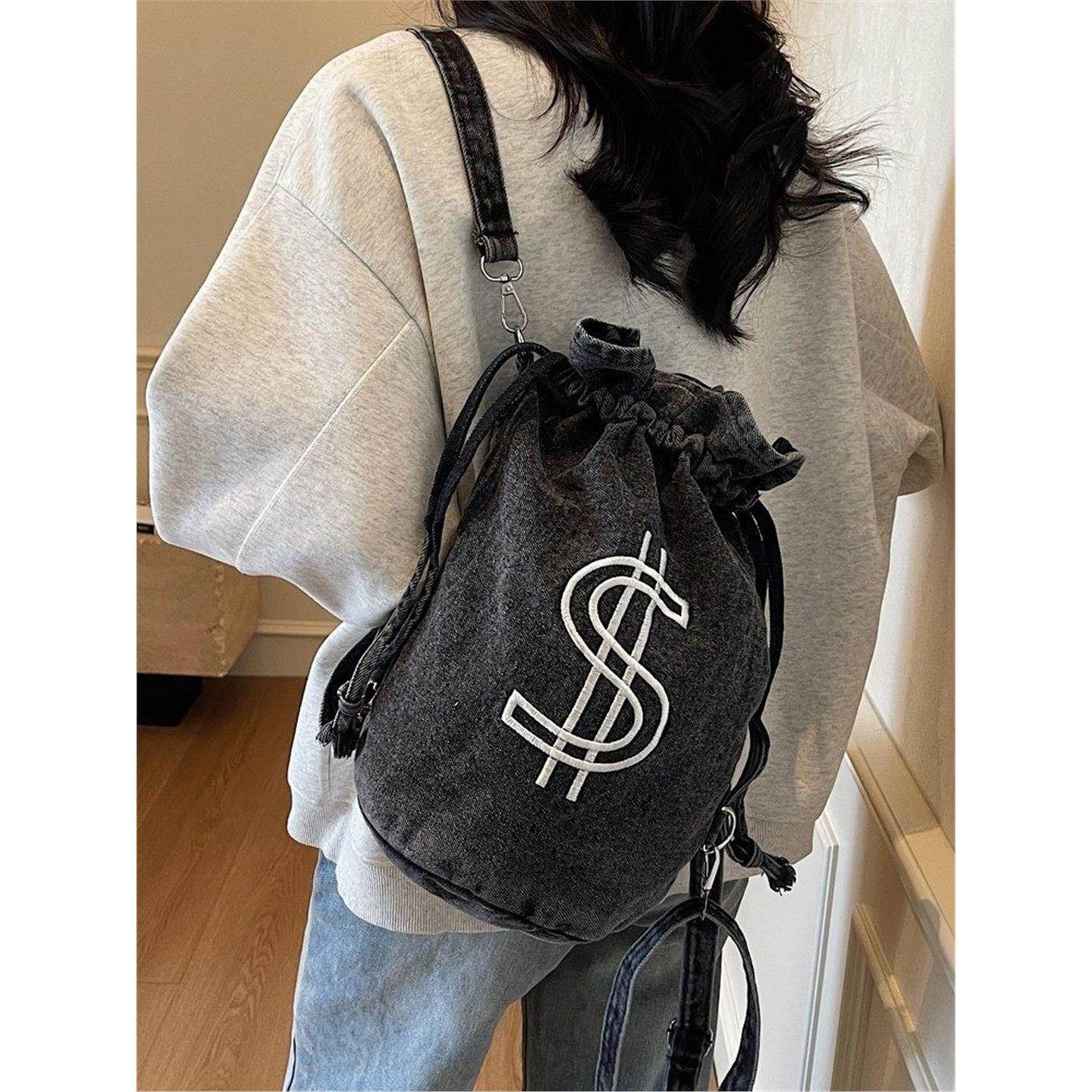 牛仔布抽绳水桶包包女包2025新款时尚百搭双肩包休闲大容量背包潮,淘宝优惠券,粉丝福利购,淘宝优惠卷