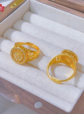 古法沙金太阳花金刚杵戒指可旋转时来运转开口戒宫廷风沙金戒指