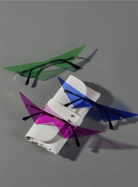 欧美复古无框切边墨镜ins网红超大显脸小眼镜韩版透明绿紫太阳镜