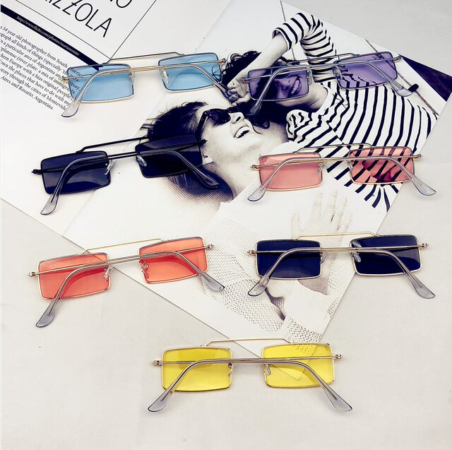 European and American retro Harajuku style sunglasses for men and women, trendy personality, ultra-narrow frame transparent yellow glasses, metal square frame sunglasses