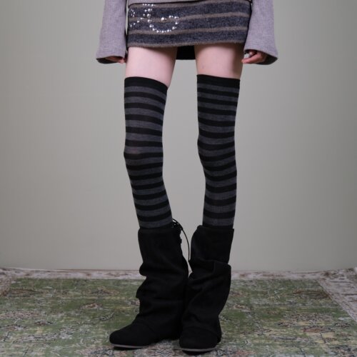 西岭“条纹日杂感”复古木质调条纹过膝大腿袜子女 - 图1
