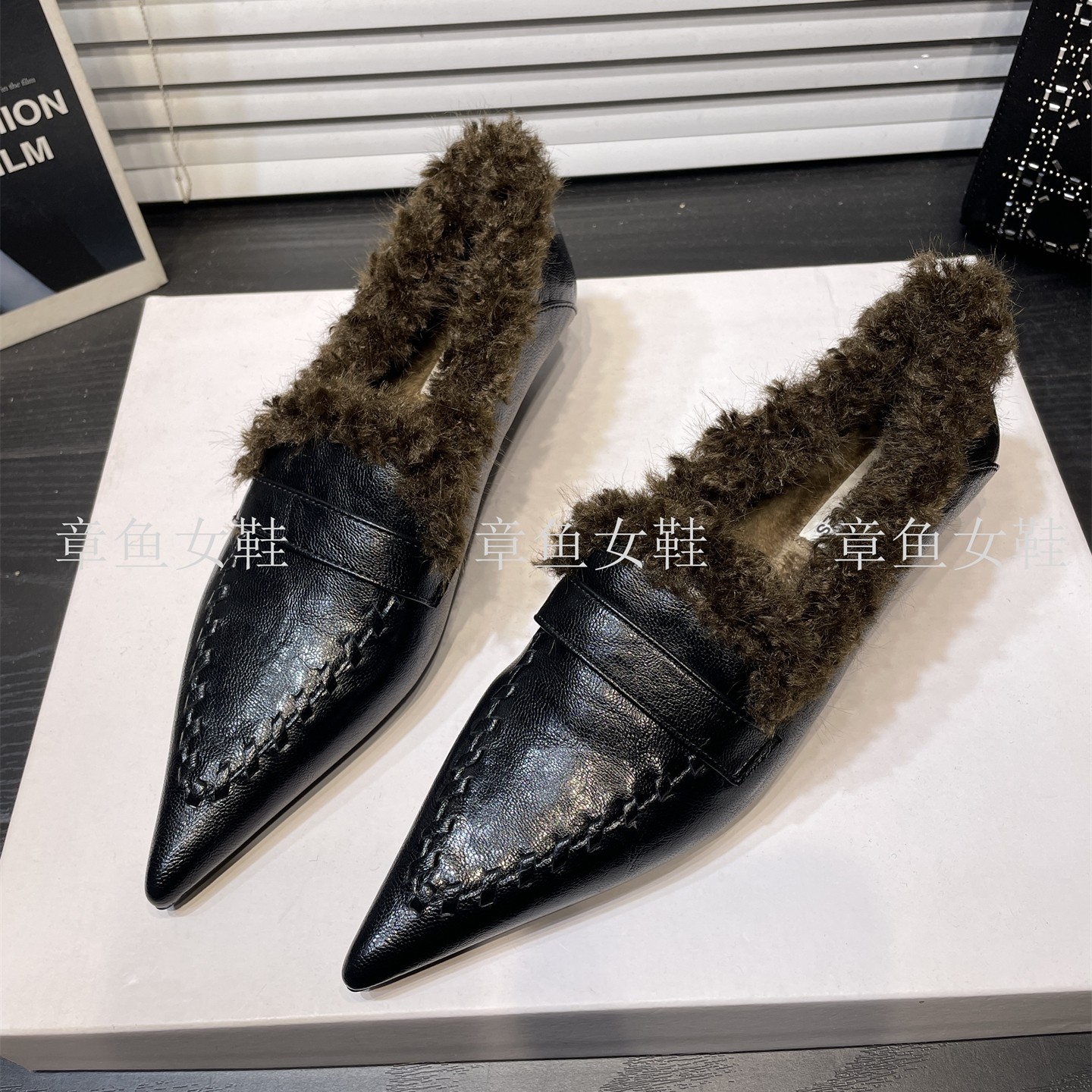 法式秋冬复古编织加绒深口尖头单鞋女低跟时尚显瘦保暖棉鞋毛毛鞋,淘宝优惠券,粉丝福利购,淘宝优惠卷