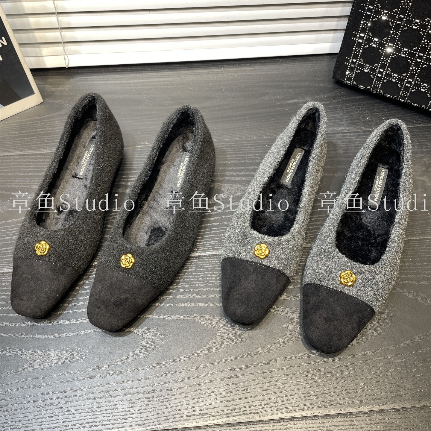 小香风山茶花拼色加绒浅口单鞋女内增高方头毛毛鞋金属扣芭蕾舞鞋,淘宝优惠券,粉丝福利购,淘宝优惠卷