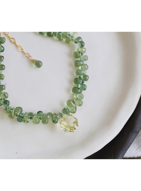 *迎春花*天然烟花钻切多边形柠檬晶14K包金绿磷灰石水滴原创手链