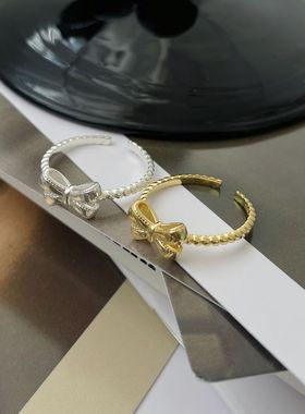 指间华尔兹欧美网红款925纯银蝴蝶结戒指女韩版麻花螺纹简约风叠