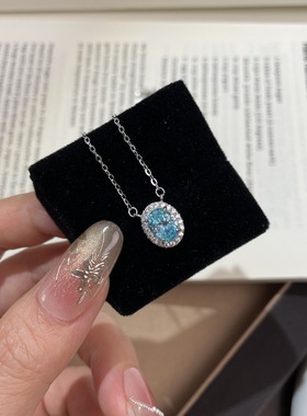 「潮汐秘境」海蓝色锆石项链女气质鸽子蛋蓝色锆石锁骨链戒指套装