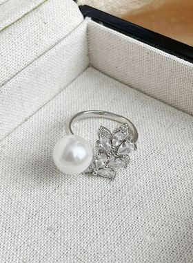 通体纯银施家珍珠雀羽开口戒指女