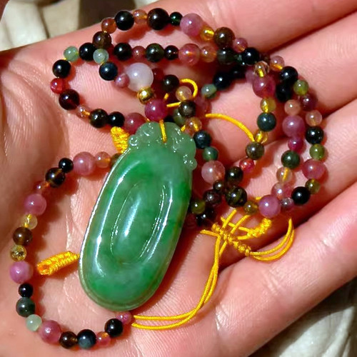 兰=心5034天然A货缅甸老坑阳绿翡翠福至心灵碧玺珠纯金珠项链手链 - 图1