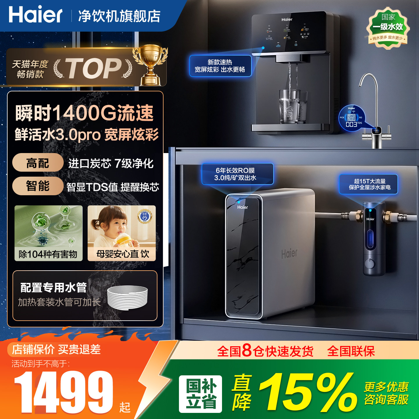 政府补贴海尔净水器家用Pro1200G鲜活水直饮前置过滤净饮一体套装