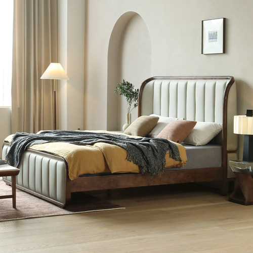 北美黑胡桃木实木床1.8米主卧真皮床意式轻奢高靠背软靠双人床1.5 - 图3