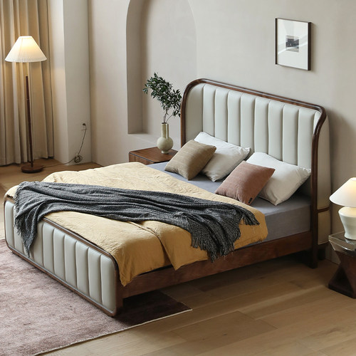 北美黑胡桃木实木床1.8米主卧真皮床意式轻奢高靠背软靠双人床1.5 - 图1