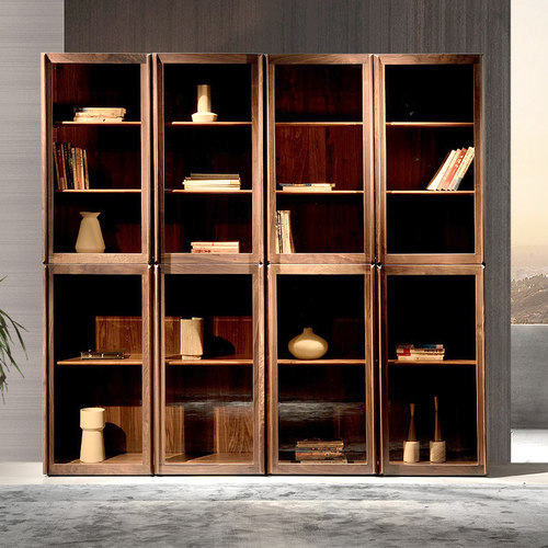 意式书橱书房置物柜子北美黑胡桃木书柜书架客厅实木玻璃门储物柜 - 图0