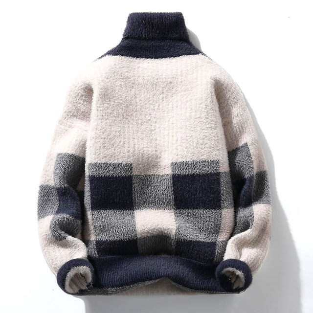 Imitation mink velvet men's sweater and thread casual and versatile trendy plaid contrast color base warmth thickened turtleneck pullover