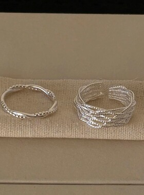 韩版设计感时尚个性女戒指手工编织线条蕾丝通体S925纯银指环