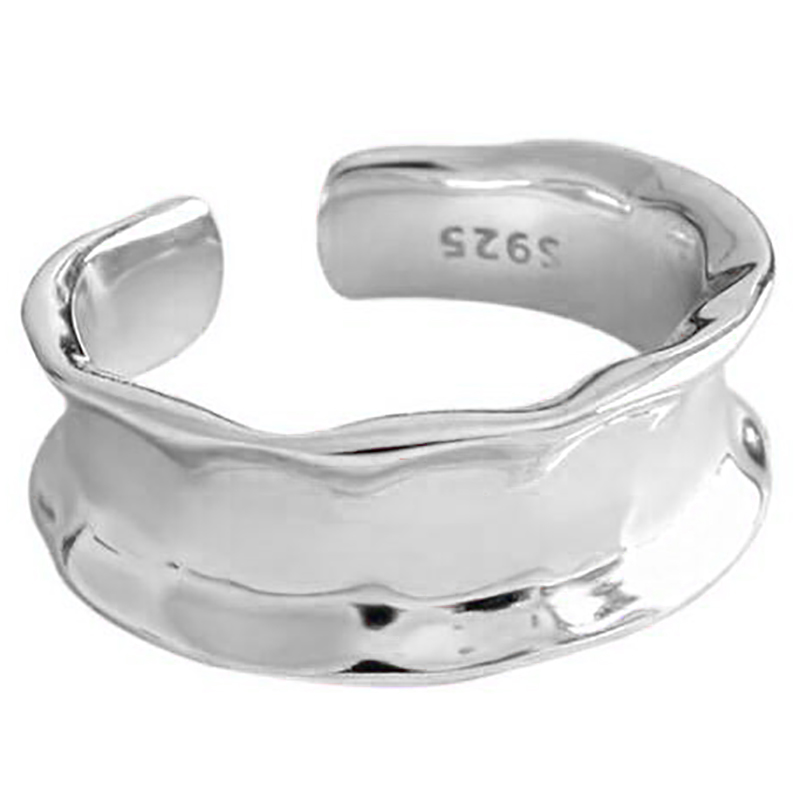 日韩S925纯银戒指女时尚捶纹个性凹面银指环简约小众不规则戒指-图3