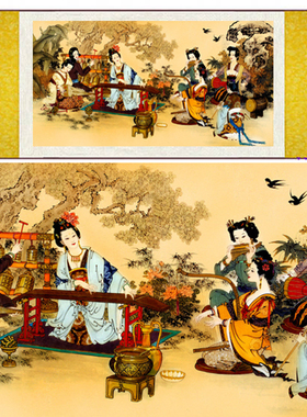 奏乐古典风唐朝弹琴琵琶新品国画