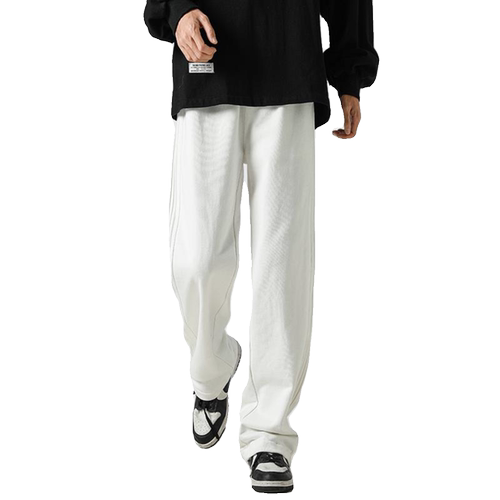 Sjc project杏色阔腿卫裤男春秋直筒宽松裤子潮ins加绒条纹运动裤 - 图3