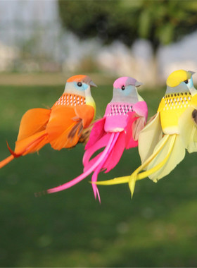 手工仿真小鸟装饰摆件羽毛泡沫假鸟夹子壁挂园林树枝鸟笼教学道具