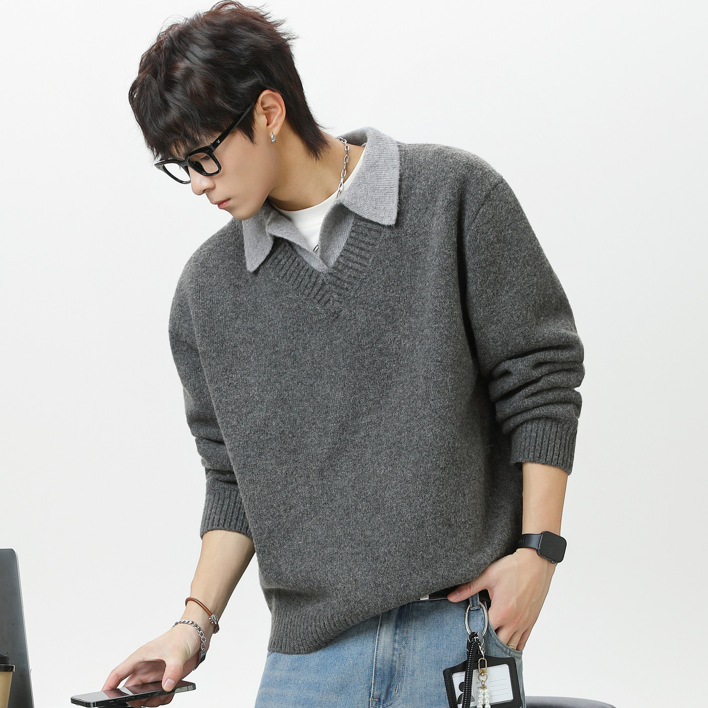 男士假两件灰色毛衣冬季衣服英伦雅痞男装翻领羊毛针织衫冬装上衣,淘宝优惠券,粉丝福利购,淘宝优惠卷