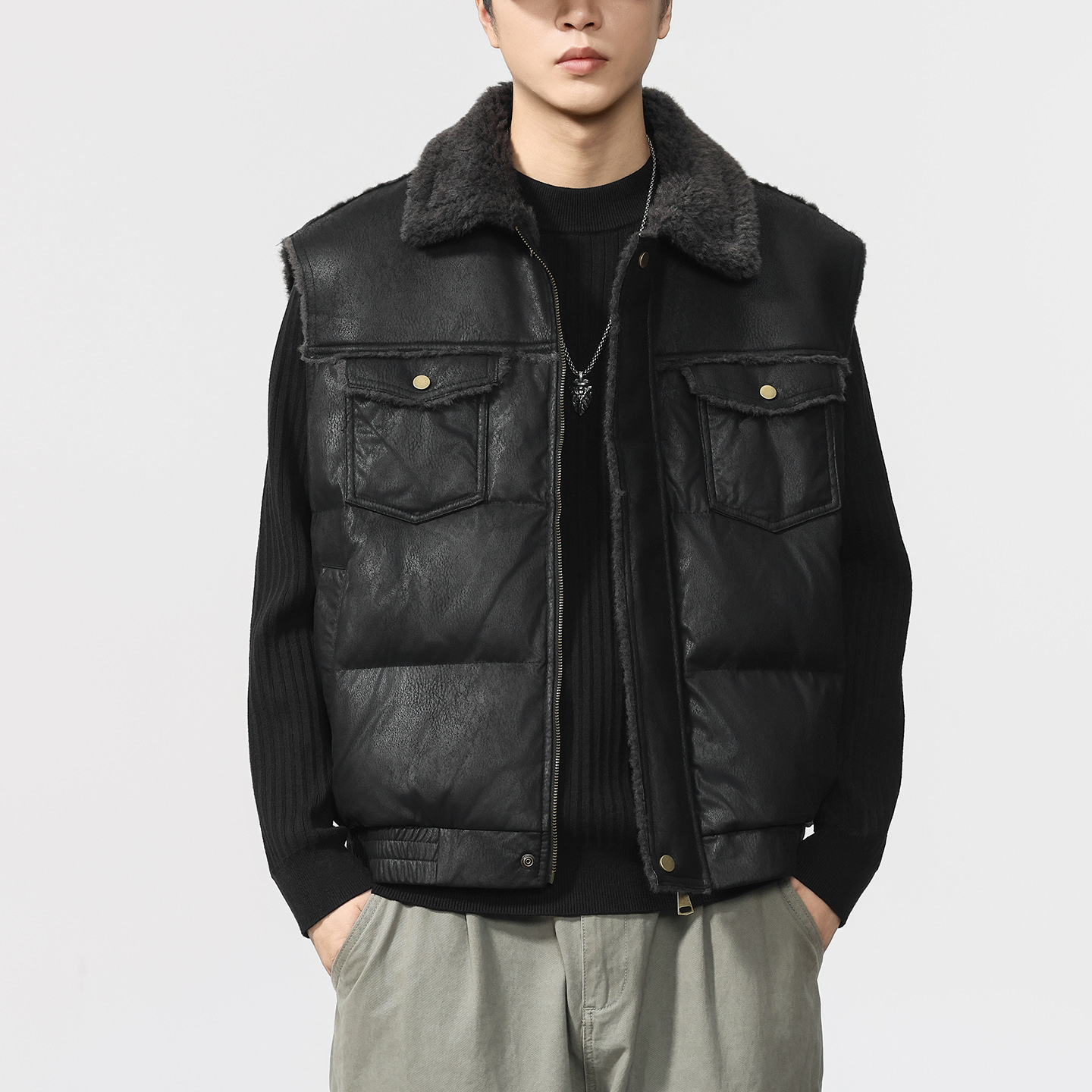 男士黑色保暖羽绒马甲男款加厚2025新款冬季背心休闲外套皮衣夹克 - 图0