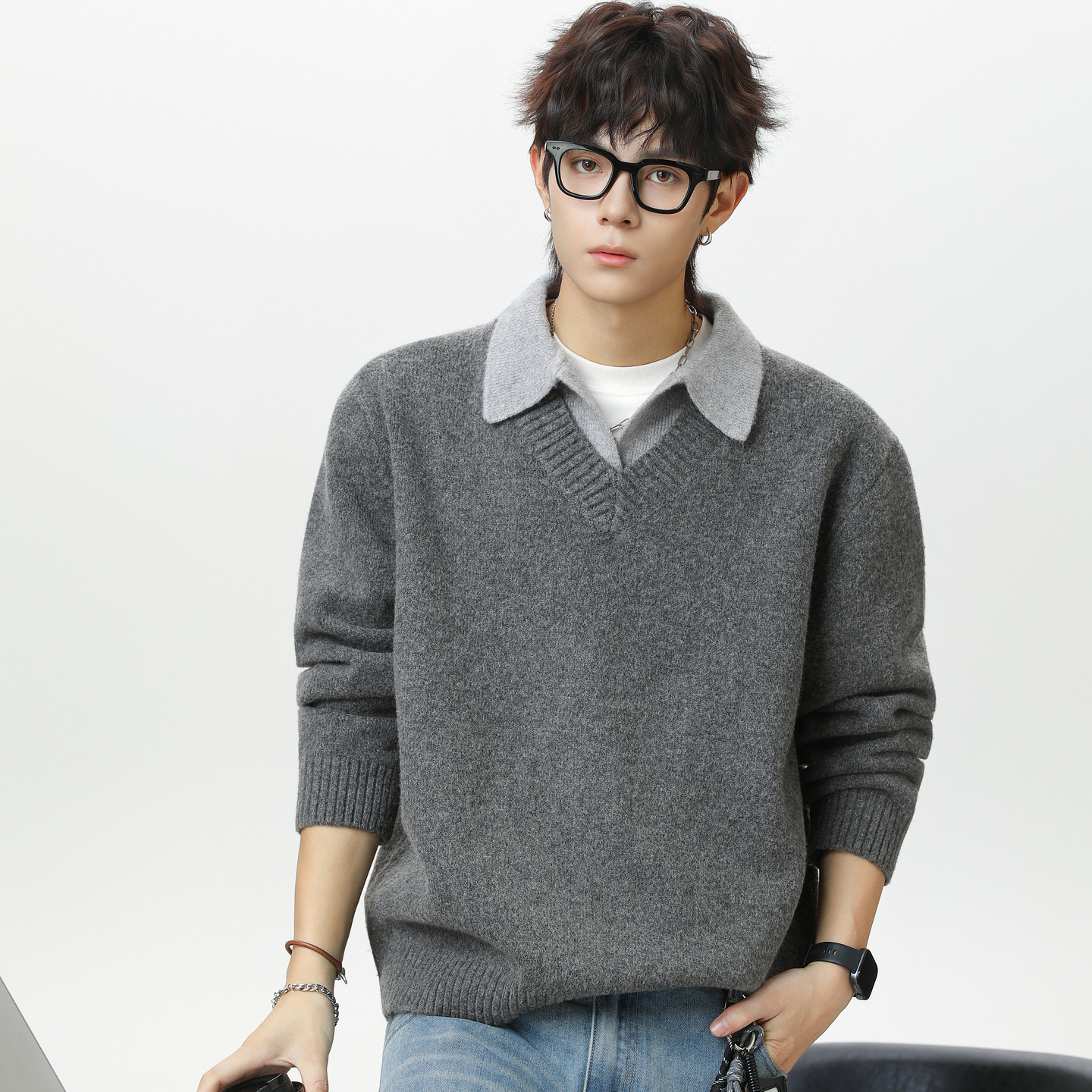 男士假两件灰色毛衣冬季衣服英伦雅痞男装翻领羊毛针织衫冬装上衣,淘宝优惠券,粉丝福利购,淘宝优惠卷