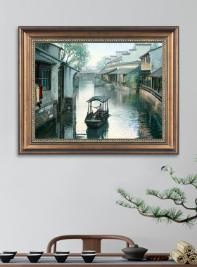 江南水乡风景画餐厅墙面中式壁画