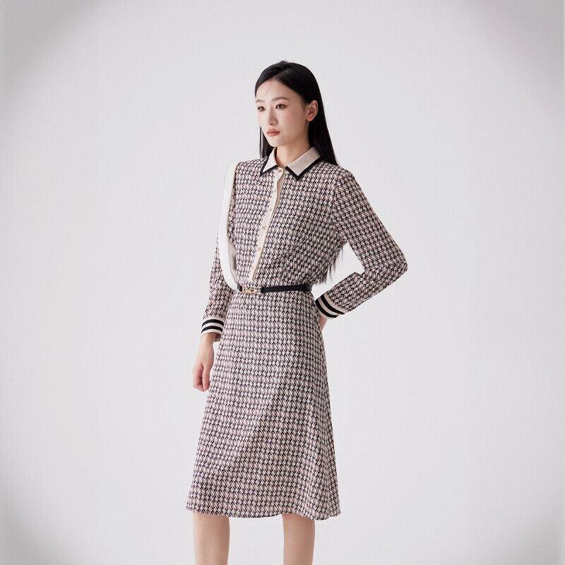 天轩商场同款2023女连衣裙新中长款咖格系带时尚名媛气质THQD151