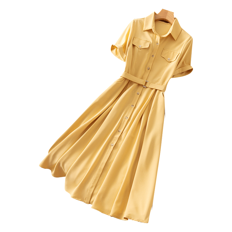黄色气质法式短袖连衣裙2020年衬衫 siyake连衣裙