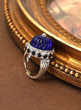 中古水钻琉璃戒指时尚百搭气质宫廷风蓝色手饰文艺复古精致饰品女