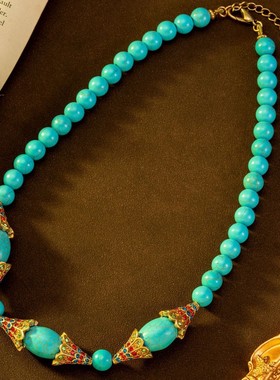 中古vintage波西米亚风串珠项链蓝色镶嵌民族风轻奢首饰锁骨链