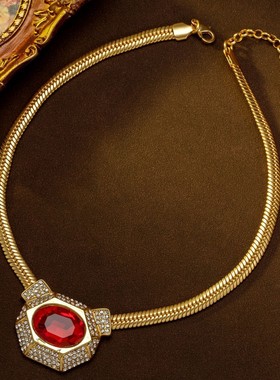 复古时尚轻奢中古项链vintage简约锁骨链女红宝石镶钻华丽耳钉