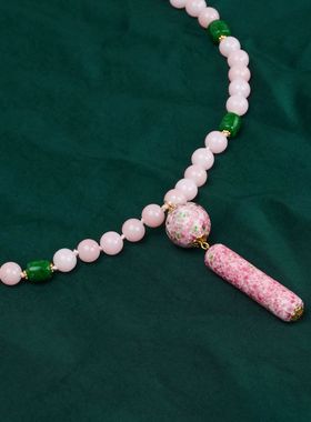 中古宫廷民族风小众设计粉色串珠项链女复古时尚百搭轻奢感锁骨链