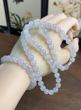 新疆直发正品和田冰烟紫项链手链两件套天然玉石老珠子8mm带证书