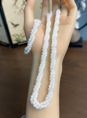 新疆直发正品和田玉白玉手链项链两件套天然玉石珠子麻花链带证书