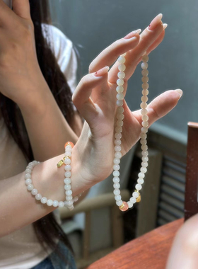 新疆直发包邮天然和田玉藕粉手链女款圆珠两圈手串6带证书