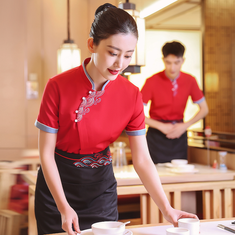 衣研堂餐饮服务员工作服女短袖饭店中餐厅酒店火锅店中式短袖夏装 - 图2