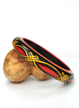 凉山彝族手镯漆器木头手环手工原木彩绘实木镯子送布袋送朋友礼物