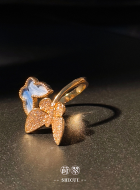 韶光渡┛莳翠非遗仿点翠孔雀鹦鹉羽毛开口戒原创纯手工中国风饰品