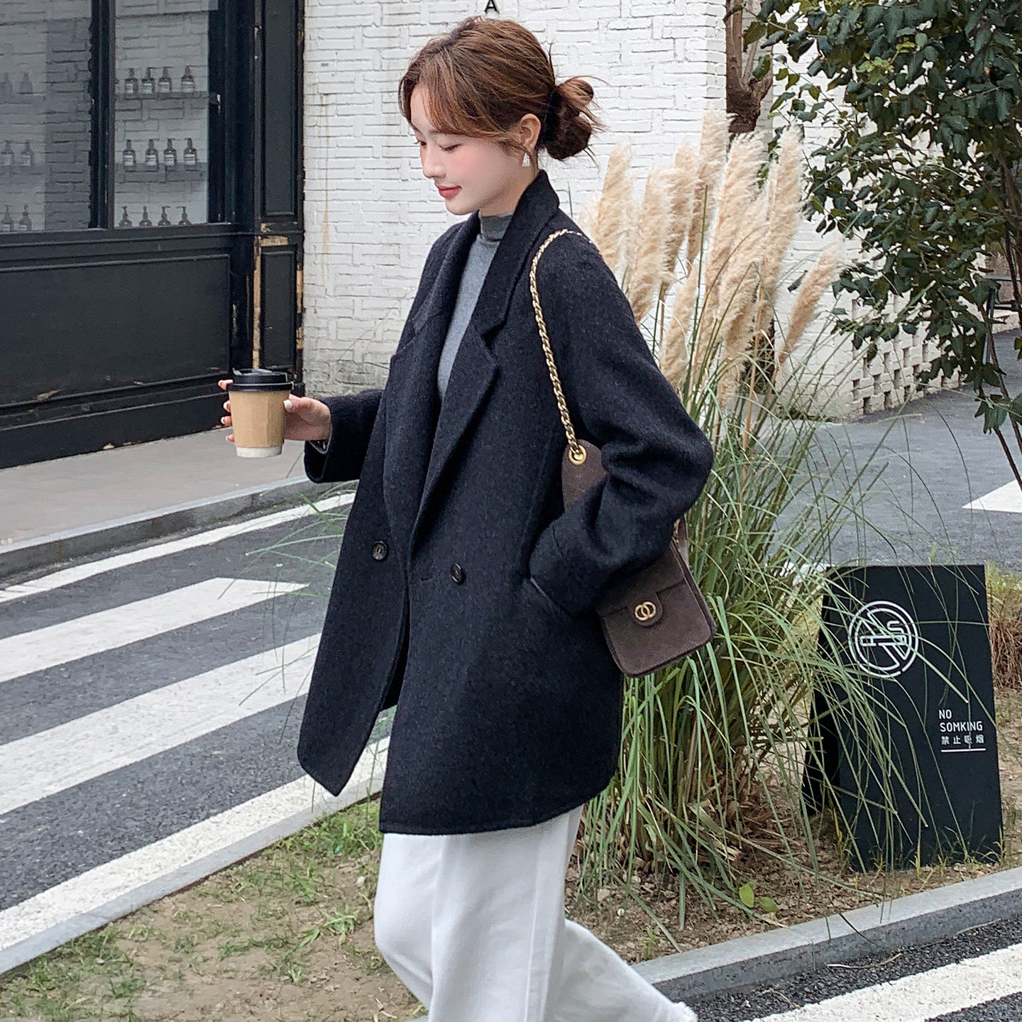 漫沿MANYAN灰色短款羊毛羊绒大衣高级双面呢子正肩毛呢西装外套女,淘宝优惠券,粉丝福利购,淘宝优惠卷