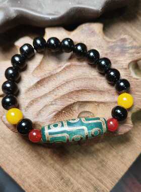 复古藏传真品绿玛瑙玉髓三眼九眼老天珠招聚财手链手串男女款首饰