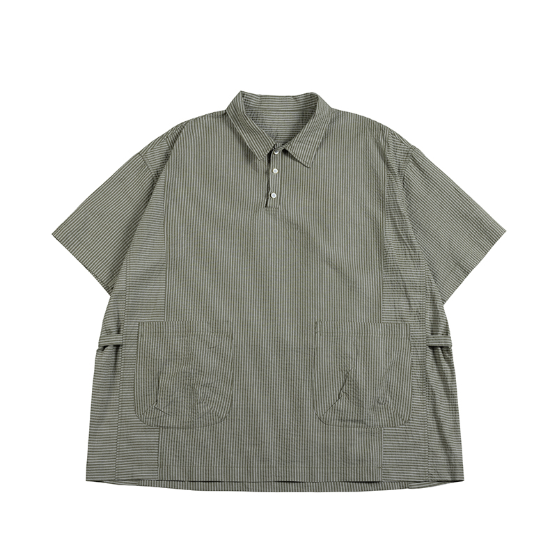 NOEARS夏季复古cityboy绿色条纹拼接短袖衬衣半门襟宽松衬衫男 - 图3