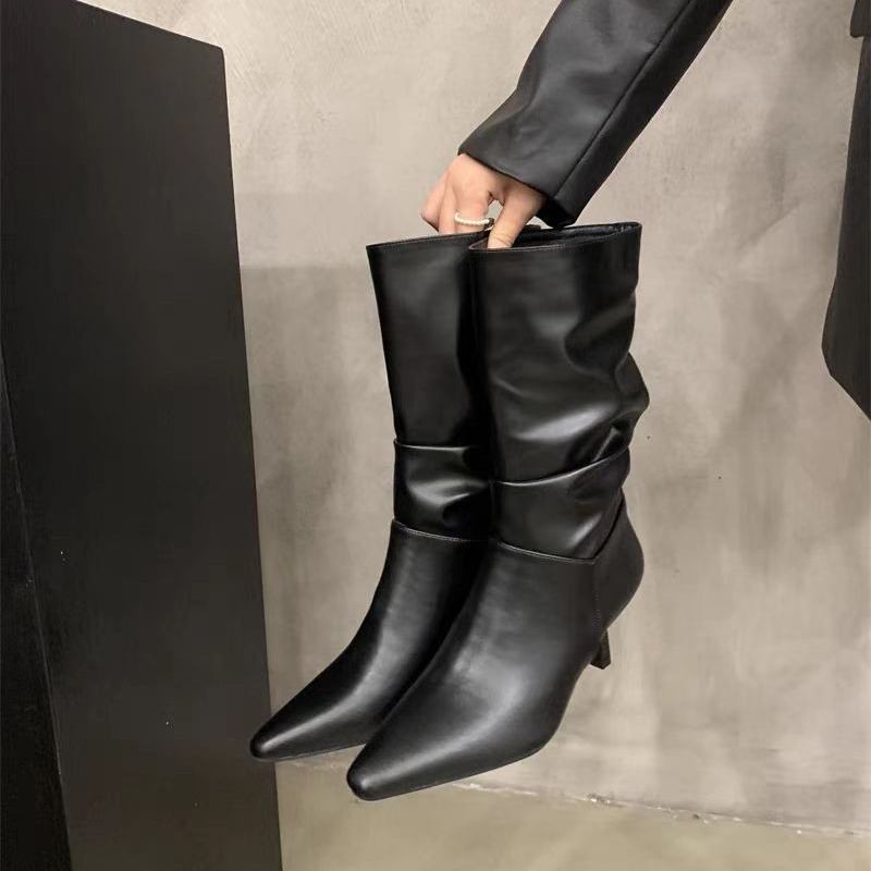 细跟白色堆堆中筒骑士靴女鞋2025新款秋冬季时装靴尖头气质高跟 - 图0