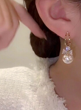 韩版蝴蝶结珍珠耳环设计感耳饰女