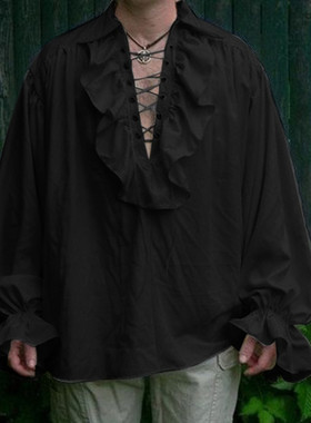 Men's solid color lace-up collared shirt男装纯色系带翻领衬衣