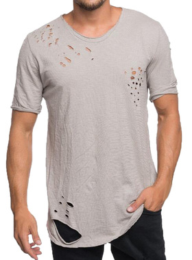 Men's Personality Ripped Crew Neck Short Sleeve Top 短袖上衣