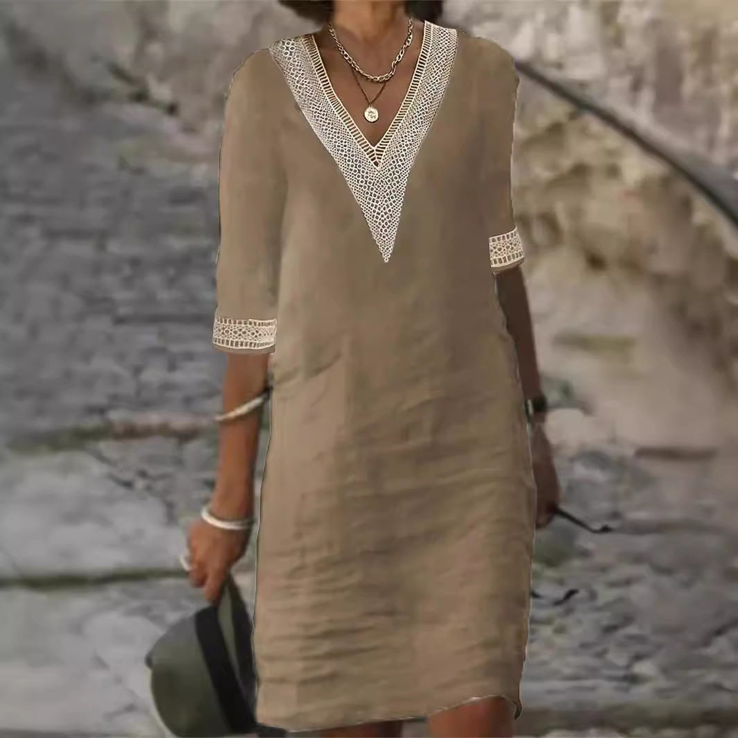 2024 Women's solid V-neck mid sleeved casual dress休闲连衣裙,淘宝优惠券,粉丝福利购,淘宝优惠卷