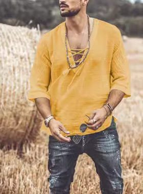 New men's chest-tie mid-sleeve T-shirt shirt 男士中袖t恤衬衫